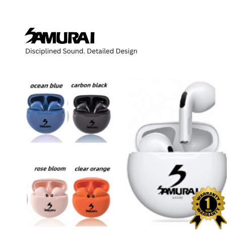 Samurai wireless earbuds with different colour options and a 1 year warranty.